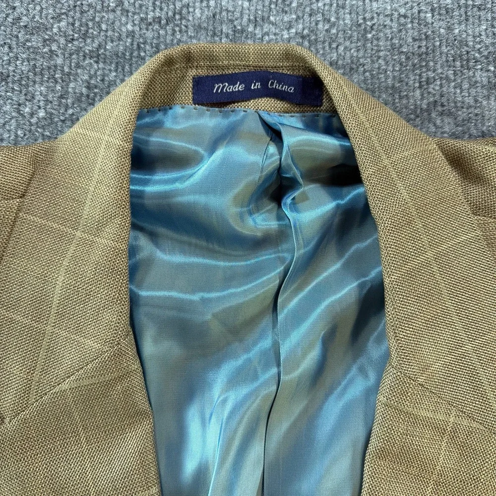 Alan Flusser Mens 46R Silk Wool Blazer Tan Windowpane Sport Coat Autumn Wedding